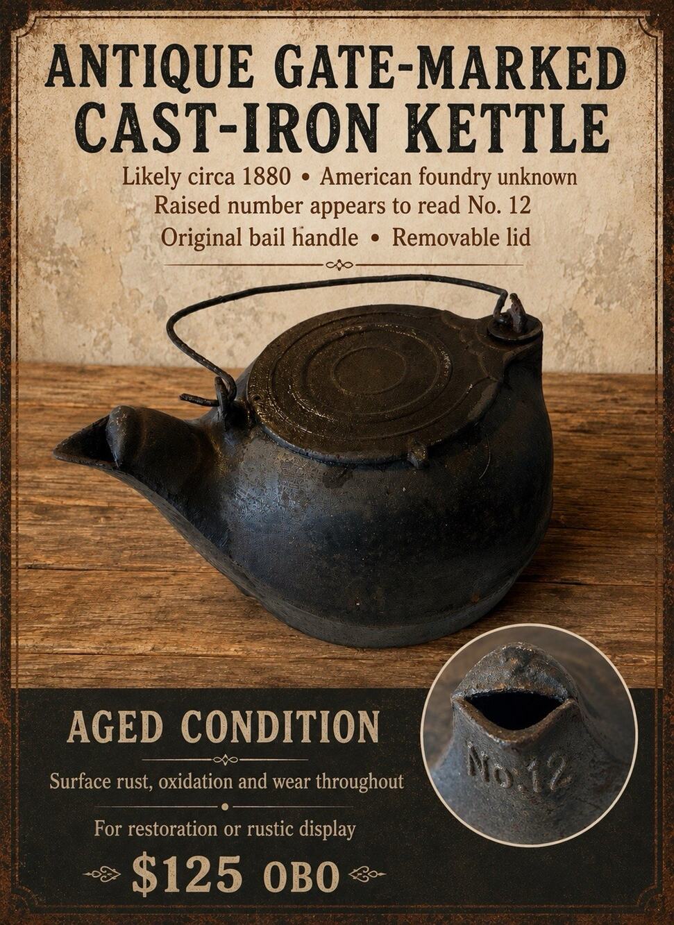 19th Century Cast-Iron Wood-Stove Kettle with Bail Handle & Removable Flat Lid